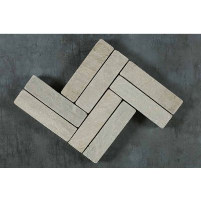 8 Kandla Grey sandstone patio bricks placed in pairs to create a double zigzag pattern. Free UK delivery available.***