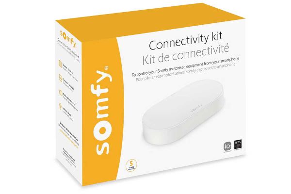 Boxed Somfy Connectivity Kit for Deluxe Pergola, showcasing packaging that allows integration with a mobile app for convenient control.***
