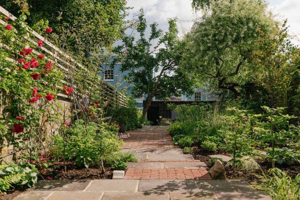 Large trees and copious foliage in garden with insets of roma clay pavers between patio paving slabs, blue house in background.***Designed by Innes Design Studio | Built by Arlington Landscapes | Photos by arturtixiliski.com
