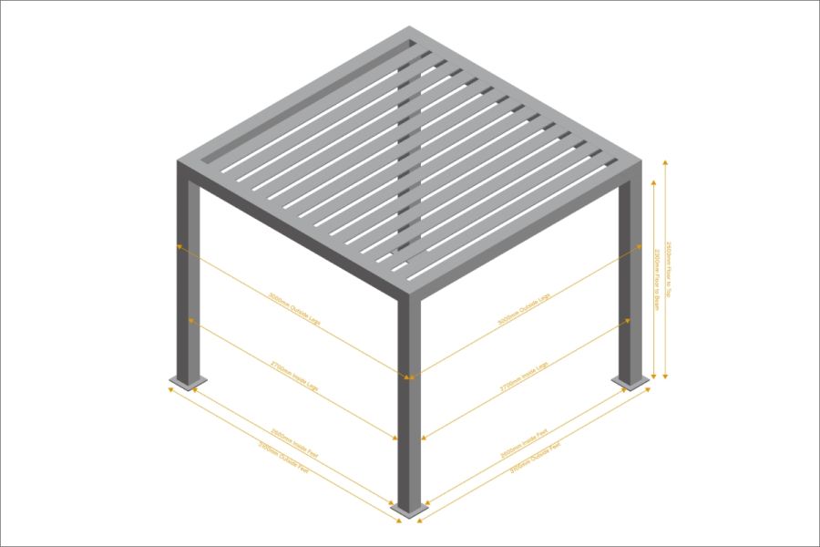 Detailed floor plan for a 3x3 Deluxe Pergola, illustrating dimensions, post placement, and structural layout.