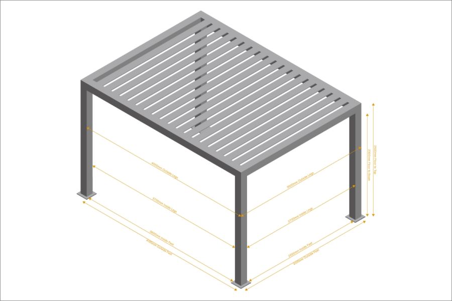 Detailed floor plan for a 4x3 Deluxe Pergola, illustrating dimensions, post placement, and structural layout.