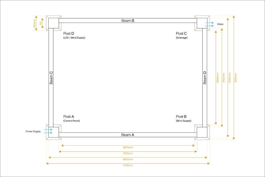 Floor plan of the 4x3 Deluxe Pergola with measurements, showcasing the spatial layout of the structure, including posts and roof louvres.