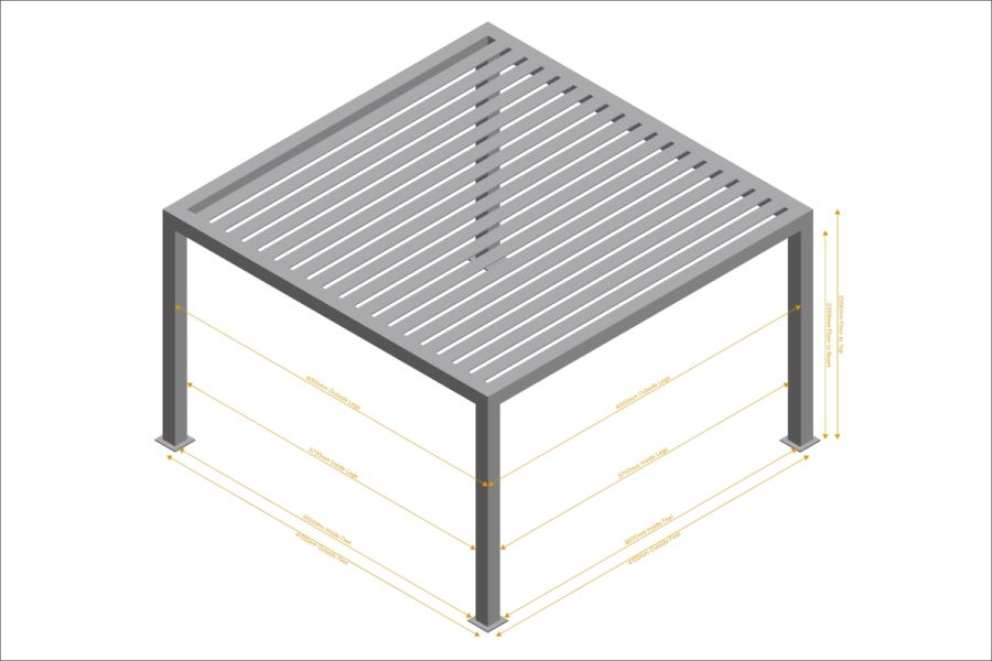 Detailed floor plan for a 4x4 Deluxe Pergola, illustrating dimensions, post placement, and structural layout.