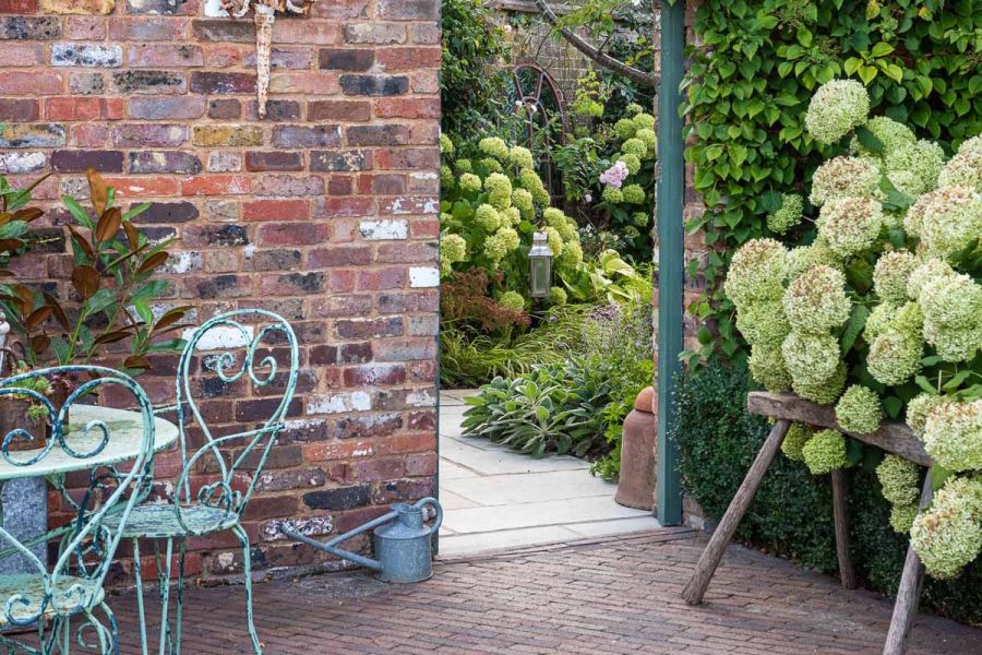 Brick wall with entrance into a secret garden uses Abbey Dark Multi Clay pavers as patio leading towards, hydrangeas on the right.