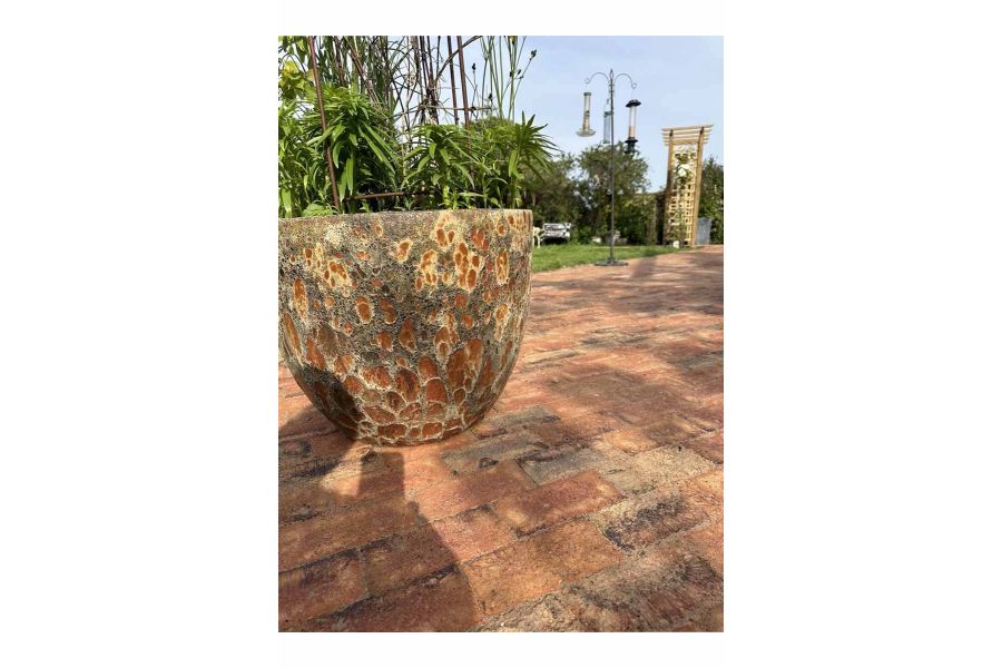 Rustic and aged plant pot displayed on top of Cotswold Clay Pavers shows off variation with colours and textures.