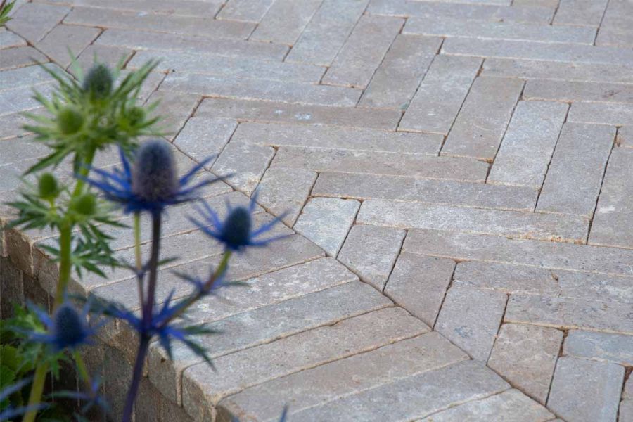 View through plants show egyptian beige limestone pavers at Tatton Park RHS Flower Show 2024. Design by Nadine Mansfield.