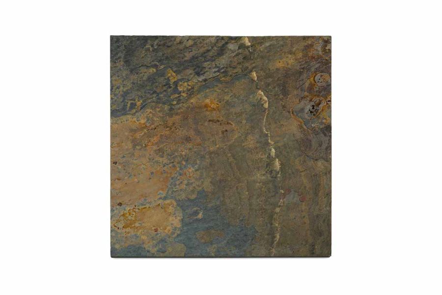 Close up of one slab of rustic slate paving shows off its natural variations, texture black and copper tones.