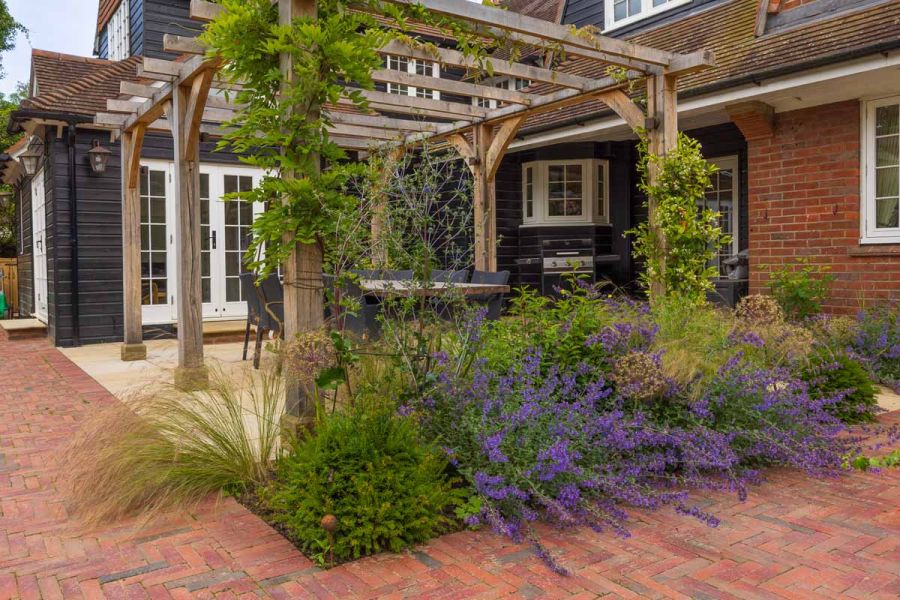 Purple perennials planted beneath wooden pergola on seville clay paver path, sandstone patio host to dining table.