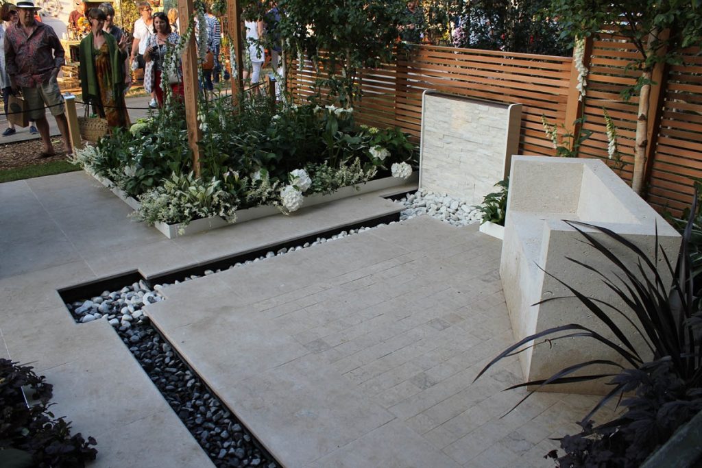 Moleanos Beige sawn limestone paving in I Have a Dream garden, designed by Stephen A Ryan