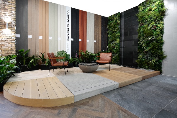 Composite decking display on floor and walls at London Stone's Surrey Showroom, Farnham