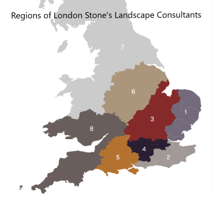 Map of UK showing the 8 regions covered by Landscape Consultants